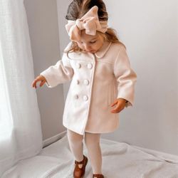 New Toddler Girls Faux Wool Trench Coat Long Sleeve