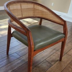 Vintage Mid Century Modern Barrel Chair Rattan Back Wood Frame