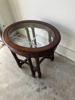 Round Wood and Glass Top End Table