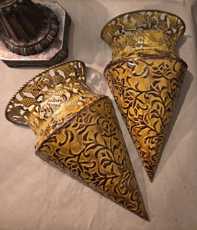 Pair Of Pretty Yellow Wall Pockets With scroll Design
