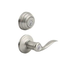 Kwikset Tustin Satin Nickel Exterior Entry Door Handle and Single Cylinder Deadbolt Combo Pack Featuring SmartKey Security