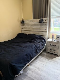 Queen size Wood Bed Frame with Built-In Lights plus wooden nightstand