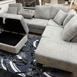 BLACK SUPER SOFT LEATHER SECTIONAL WITH OTTOMAN COUCH SET 
