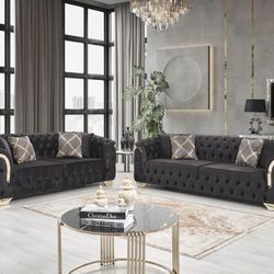 New In The Box 📦 Black Velvet Living Room Sofa And Love Seat - Delivery And Financing Available 