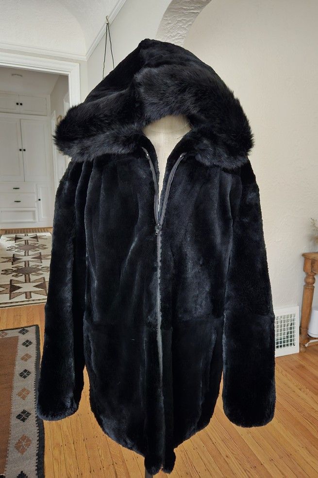 Real Black Rabbit Fur Hooded Coat Plus Size XXL NO OFFERS