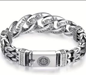 Geometric Stitching Men's Retro Domineering Bracelet, Safety Pattern Silver Plated Cuban Chain Chain, Lucky Bracelet,