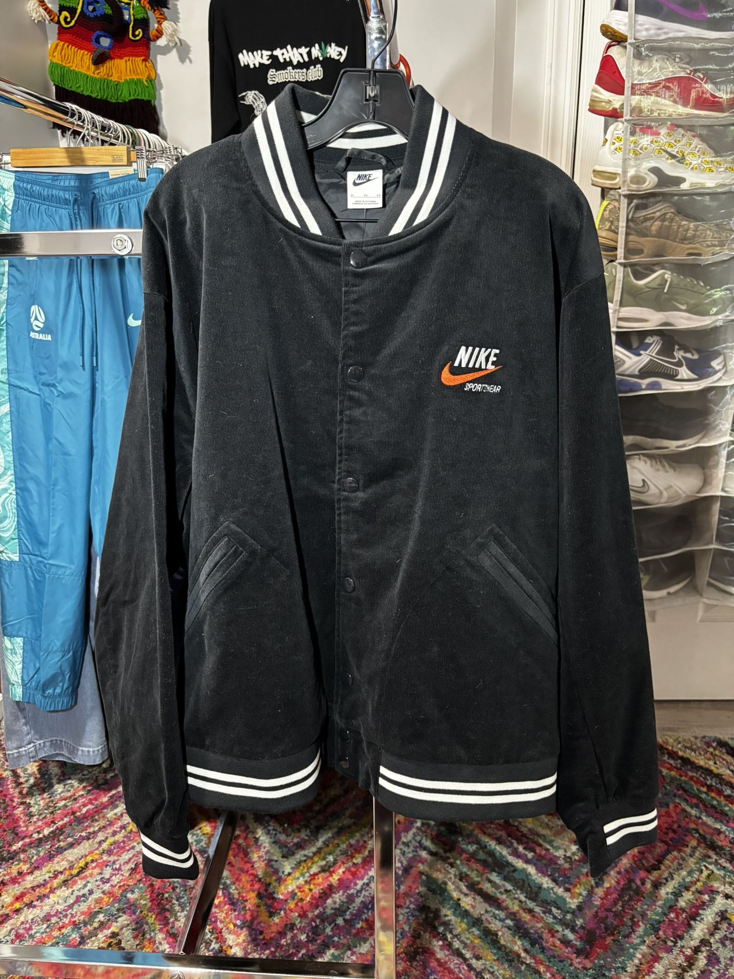 NEW Nike Men XL BLACK corduroy Jacket Bomber Varsity Sportswear BIG SWOOSH NWT