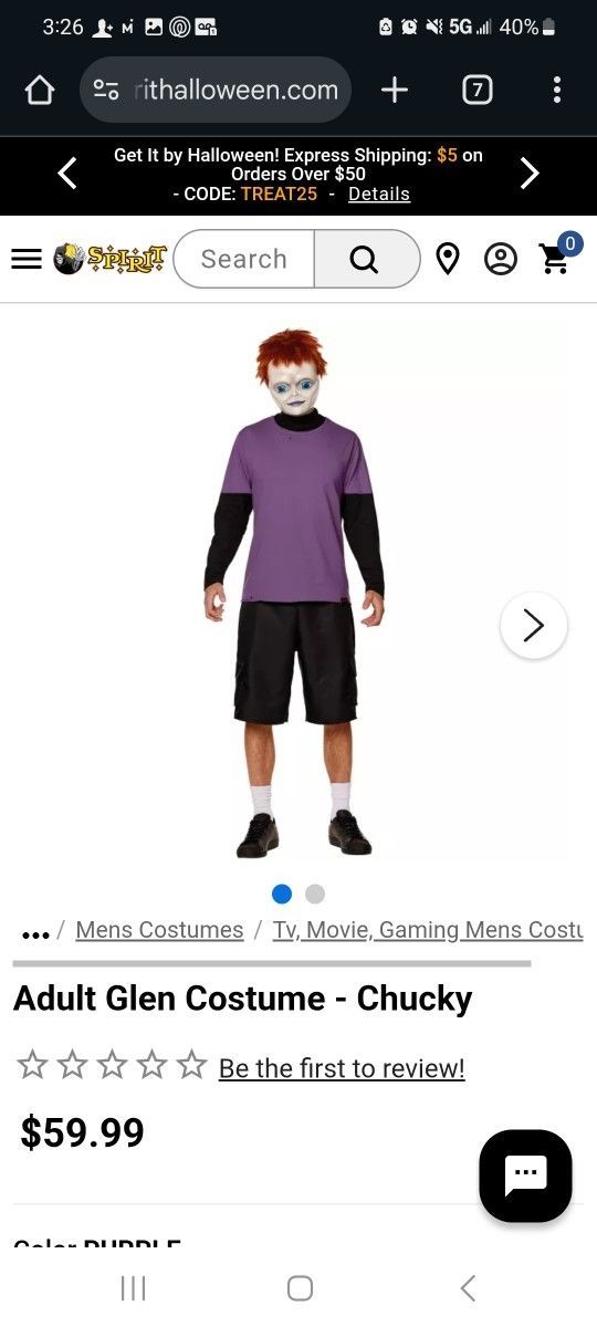 Halloween Costume "Chucky's" Glen Adult Large