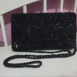 Black Beaded Evening Clutch w/ Strap – Elegant Formal Bag