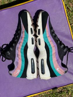 Size 9  Nike Air Max 95 "Have A Nike Day" sneakers feature wavy pastel overlays in textile and suede.