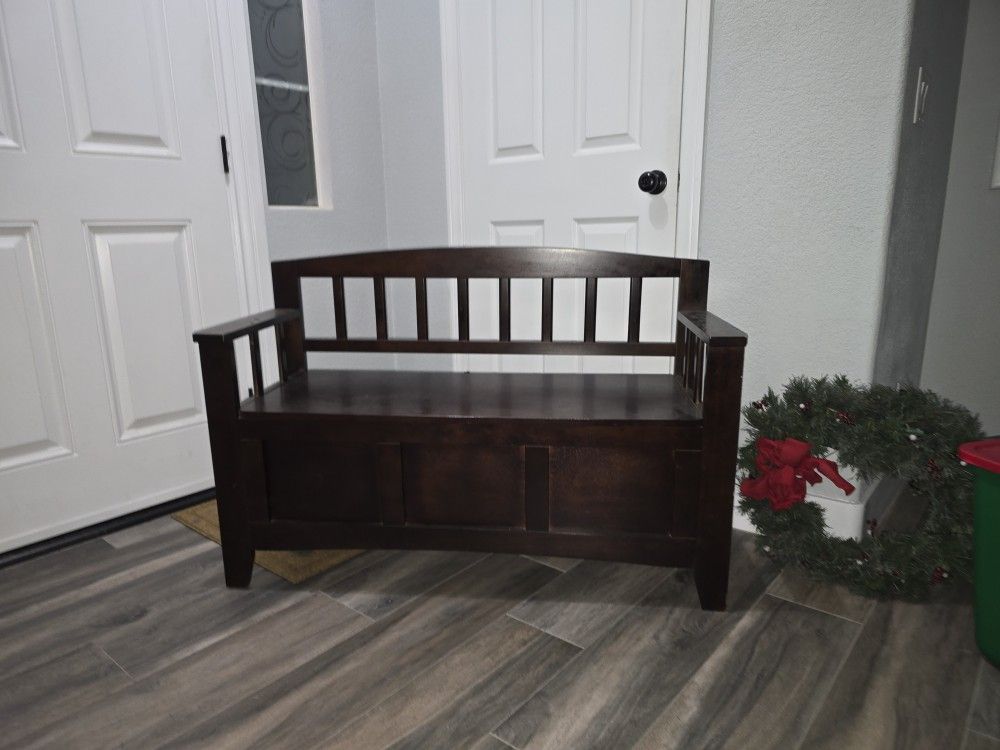 Wood Doorway Bench With Storage Approximately For Feet Wide And Maybe Just Under Three Feet