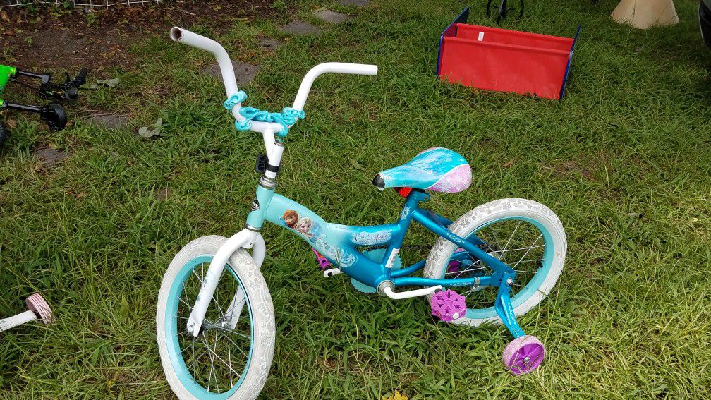 Girls Frozen Bicycle with Training Wheels - Light Blue/Green and Pink