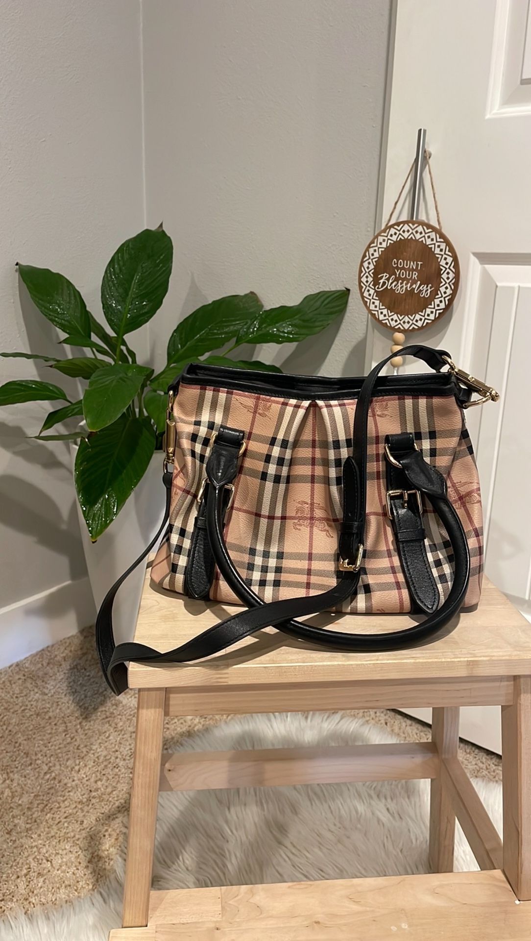 Burberry Haymarket Check Tote With Strap 