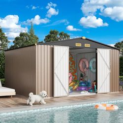 10x12FT Outdoor Storage Shed, Metal Garden Tool Shed with Breathable Vent and Lockable Doors, Outside Storage for Backyard, Poolside, Patio, Brown