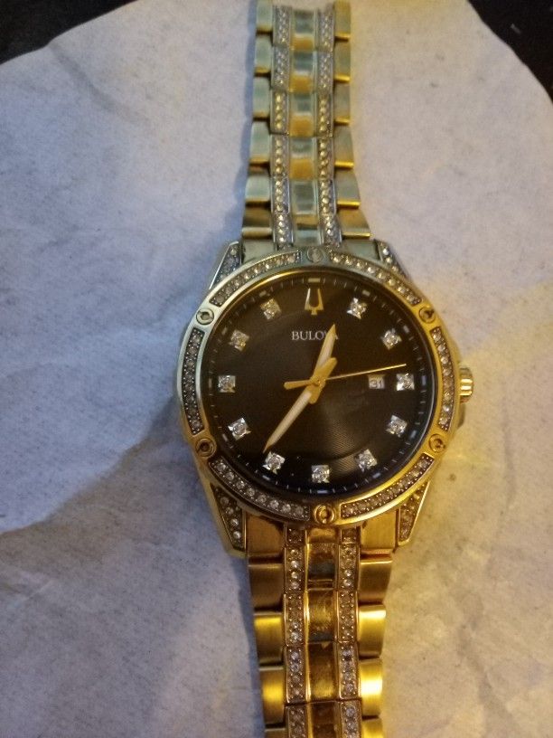 90$Bulova Gold Stainless Steel Crystal Style Watch