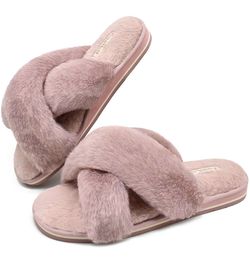 NEW!!KuaiLu Womens Fluffy Fur Slides Open Toe Slippers Fuzzy Cross