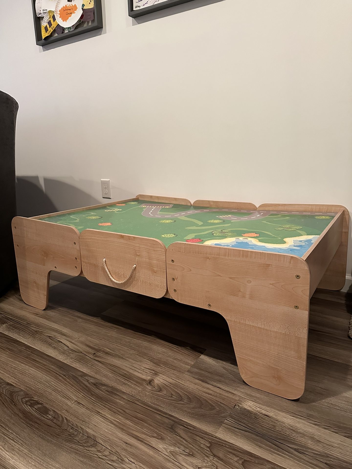 KidKraft Double-Sided Wooden Train and Activity Table with Built-in Storage Drawer, Natural, Gift for Ages 3+