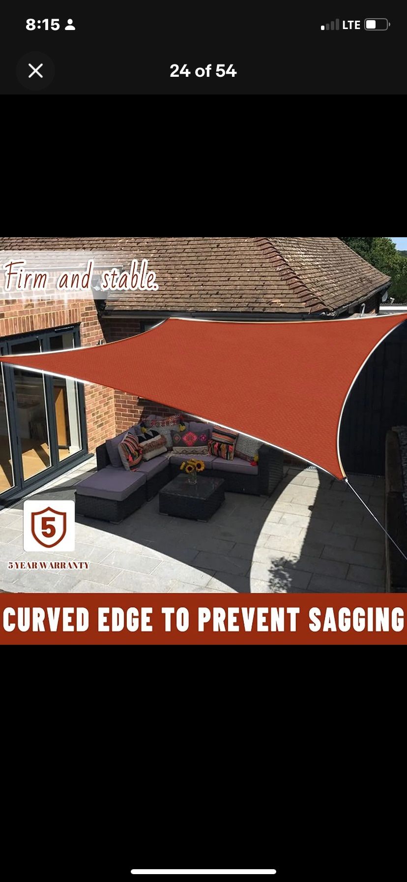 New In Box 16.5 X16.5 Feet square Sun Sail Shade Screen Terracotta Color With 4 Ropes Included