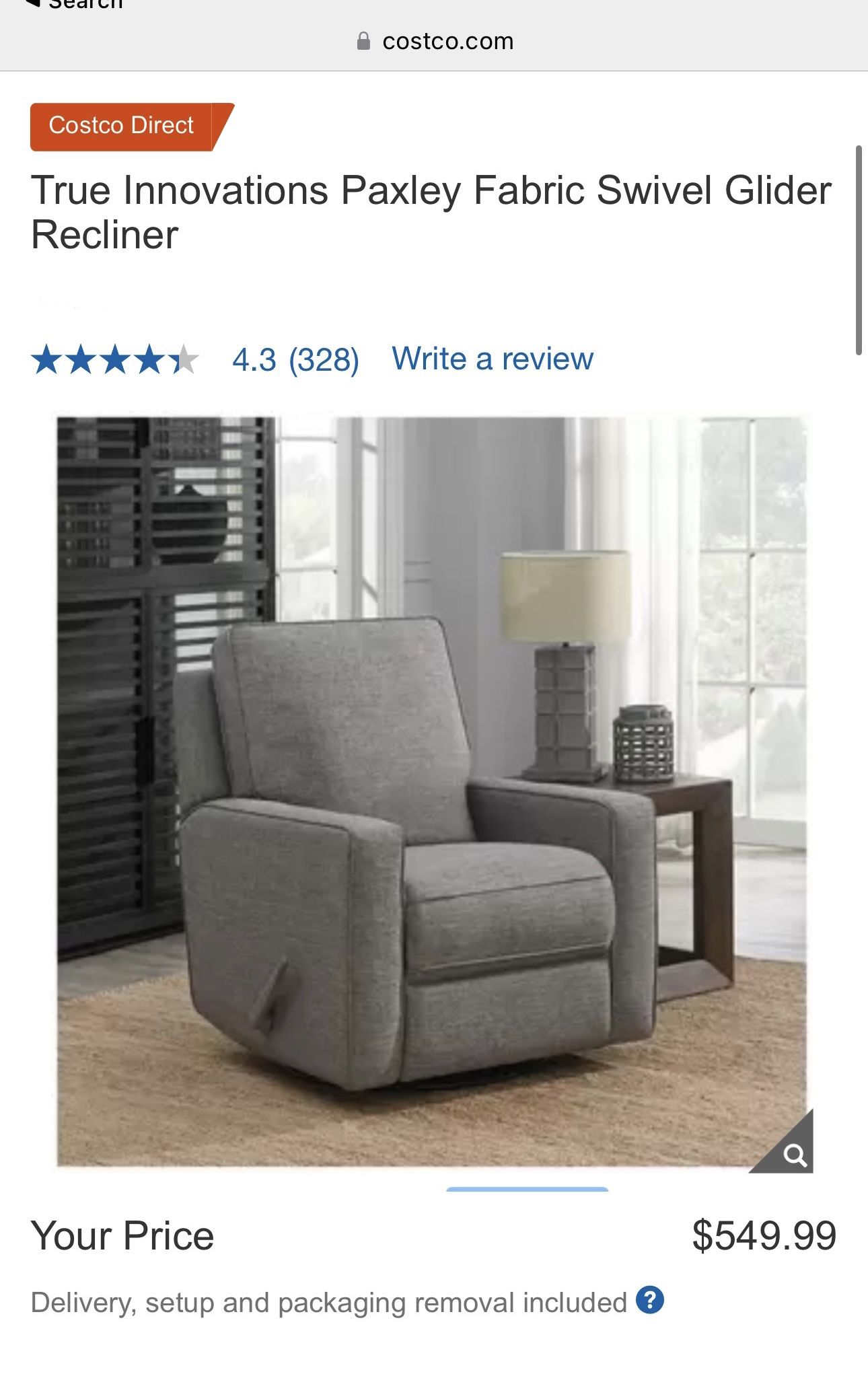 True Innovations Paxley Fabric Swivel Glider Recliner. Seen on https