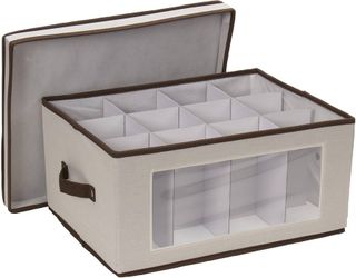 Household Essentials Wine Glass Storage Box in Strong Frame, Handles, Windowed Panel and 12 Compartments, Cream with Brown Trim
