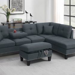 Charcoal Gray Sectional Sofa Storage Ottoman Accent Pillows Nailhead Trim Cup Holders  6x8 
