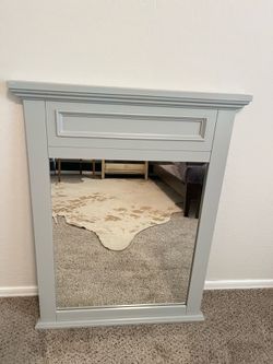 Light Gray Framed Beveled Mirror with Crown Moulding