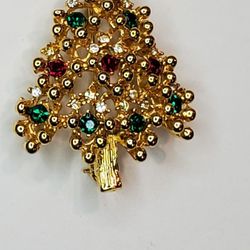 Vintage Christmas Tree Pin Brooch Multicolor Rhinestones Gold Tone 