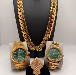 Miami Cuban Link Gold Chain Bracelet | Jesus Cross Baugette Ring| Luxury watch set