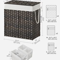 Laundry Hamper with Lid, 110L Clothes Hamper with 2 Removable Liner Bags, 6 Mesh Bags, Brown