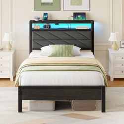 Seventable Twin Bed Frame with Charging Station & LED Lights, Upholstered Headboard with 2-Tier