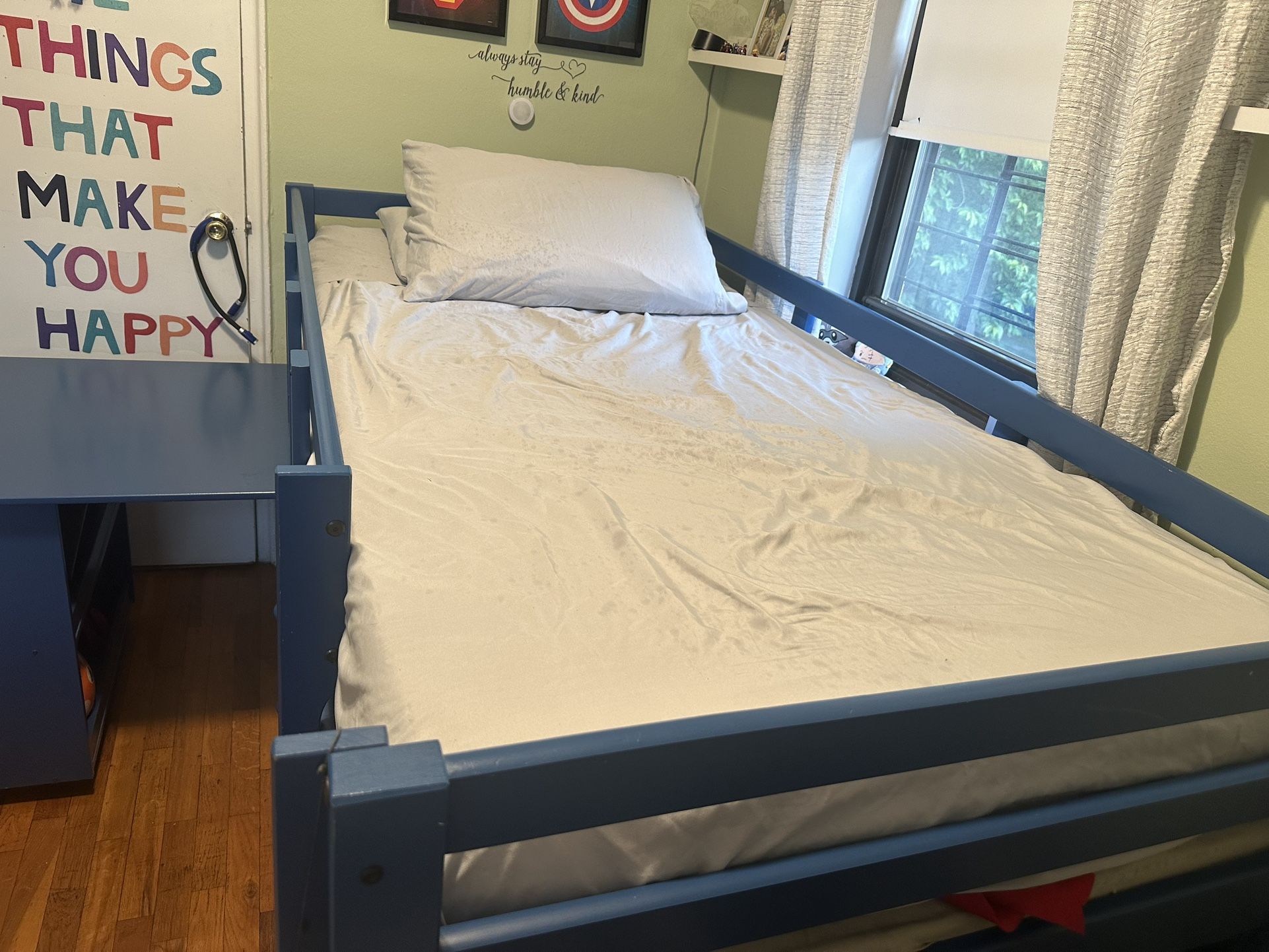 Wood Twin-Size Low Loft Bed Frame with Ladder for Kids Bunk, Cabinet + Desk, blue