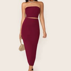 Sexy burgundy tube top and pencil skirt set