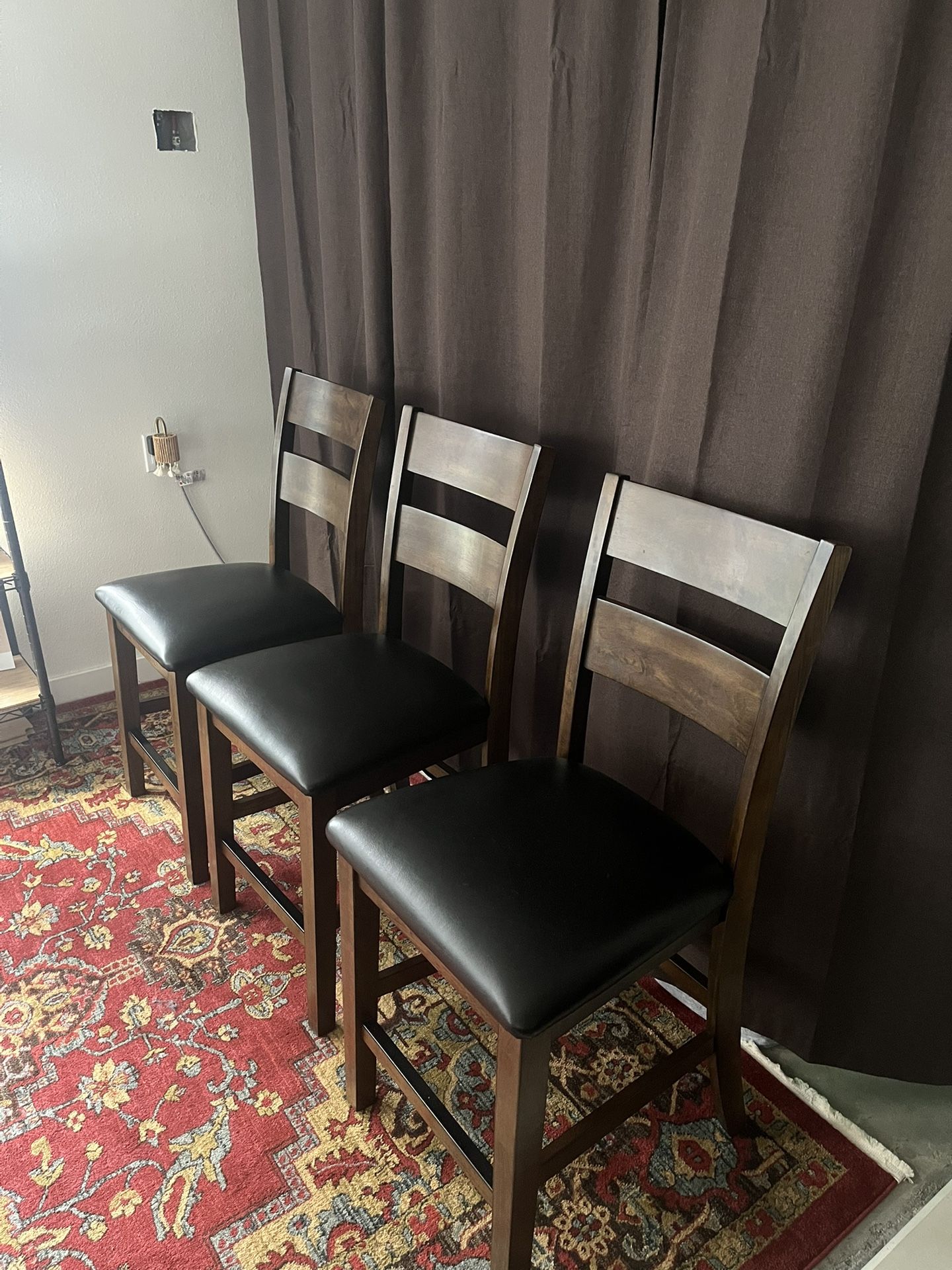 (6) Costco Wooden and Black Leather Chairs