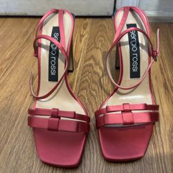 New Sergio Rossi Satin Bow Ankle Strap Block Heel Sandals Pink Size 37 1/2