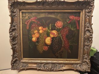 Framed Still Life Fruit and Flowers Oil Painting