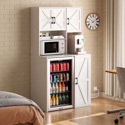 Mini Fridge Cabinet With Storage, Coffee Bar Cabinet With Mini Fridge Space And Outlet, Wine Bar Stand With Microwave Shelf, Beverage Station For Kitc