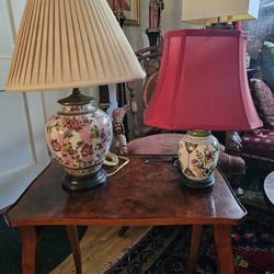 Beautiful Vintage Chinese hand painted porcelain lamps with wooden base ! Original shades! Priced separately!