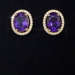 Natural Amethyst Earrings and Pendant with Diamonds 18k Yellow Gold with Certificate 