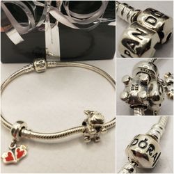 Authentic Pandora  Charm Bracelet 925 Sterling silver,21.75grs, double heart charm, #858
