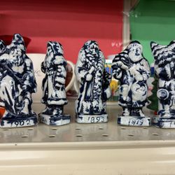 5 Clay City Pottery CCP Stoneware Santa Claus w/ dates. Cobalt Blue Salt Glaze 4-1/8". Vintage.