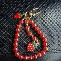 Red Strawberry Beaded Wrist Key Holder with Gold Keychain