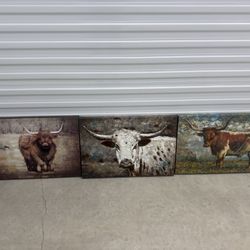 Set of 3 Longhorn Cow Wall Art Rustic Farmhouse Decor Hobby Lobby 16x24