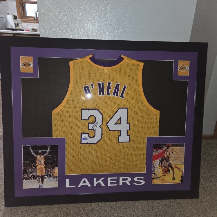Los Angeles Lakers Shaquille O'Neal Autographed And Framed Jersey 35x 43 JSA