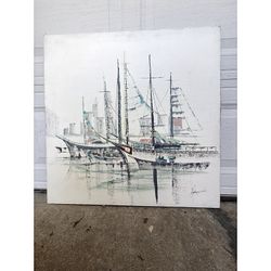 Original Vintage Abstract Painting Sailboats MCM Style Minimalist Canvas Signed