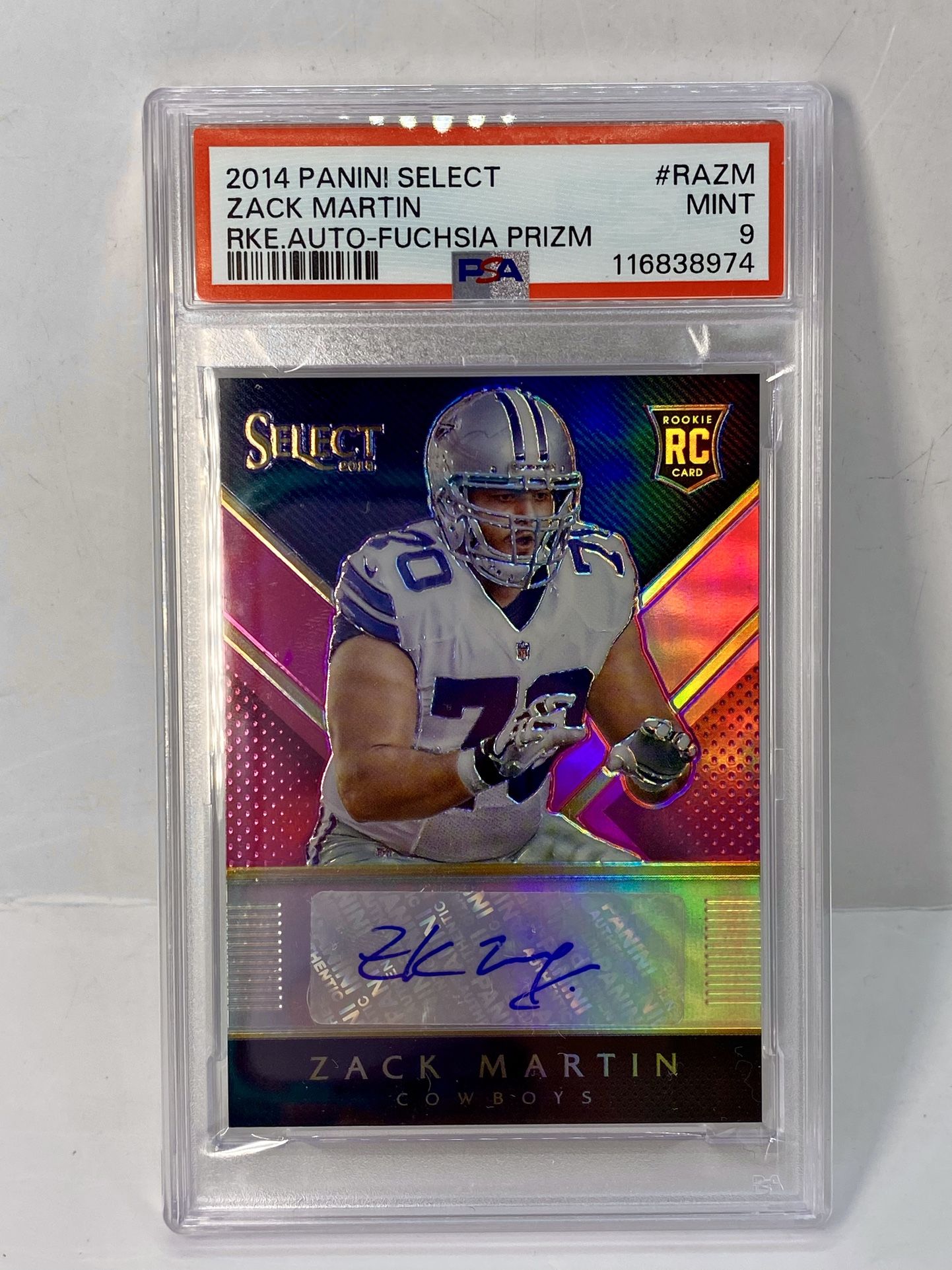 ZACK MARTIN ROOKIE 2014 PANINI SELECT Fuchsia PRIZM /199 PSA 9 RC AUTO DALLAS