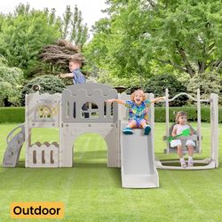 10 in 1 Toddler Slide Age 1-3 with Swing Basketball Hoop and Telescope Indoor Outdoor Slide Playset Toddler Playground (Grey)