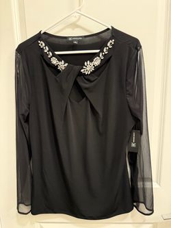 Inc black blouse with rhinestone detail and sheer long sleeves- Xl- NWT