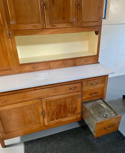 1(contact info removed) Antique Hooser Bakers Cabinet with Original Flour Bin and Dispenser  1(contact info removed)'s