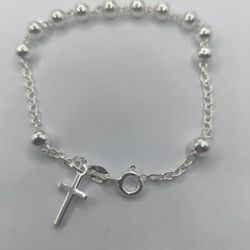 925 Sterling Silver 5MM Italian Rosary Solid Bead Cross pendant bracelet 7.5in
