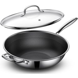 13" Hybrid Nonstick Stainless Steel Wok with Glass Lid, Laser-Textured Wok Pan, PFOA-Free Woks & Stir-Fry Pans, Oven & Dishwasher safe, Induction Read